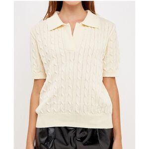 Grey Lab Cable Knit Polo Top